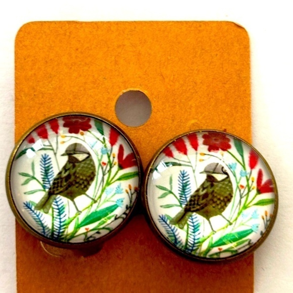 Retro Bird Print 20mm Clip On Earrings, NWT, Handmade, Unworn